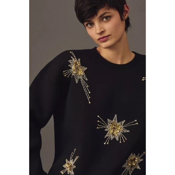 NWT NIP By Anthropologie Sequin Star Beaded Jewels Holiday Sweatshirt Sweater S​ - Picture 6 of 7